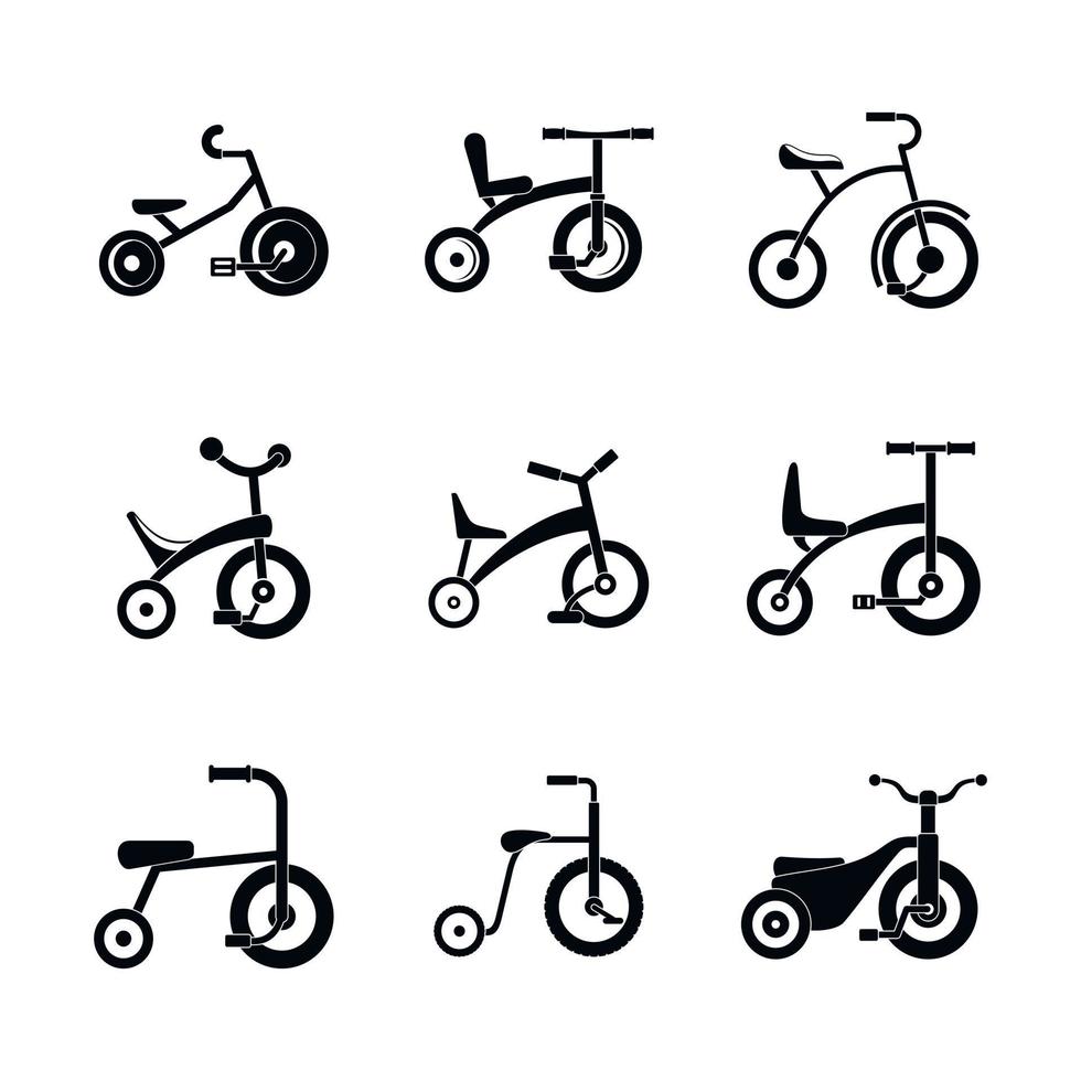 triciclo, bicicleta, bicicleta, rueda, iconos, conjunto, simple, estilo vector