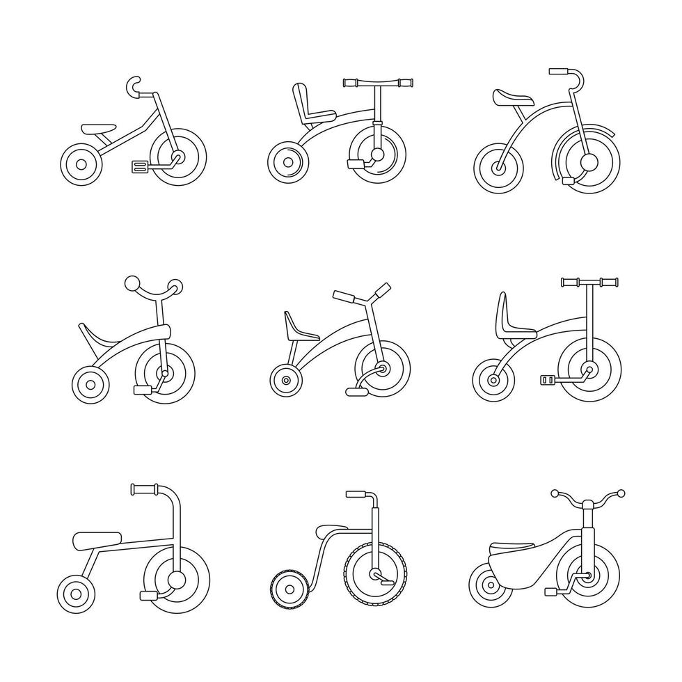 Tricycle bicycle bike wheel icons set, outline style vector