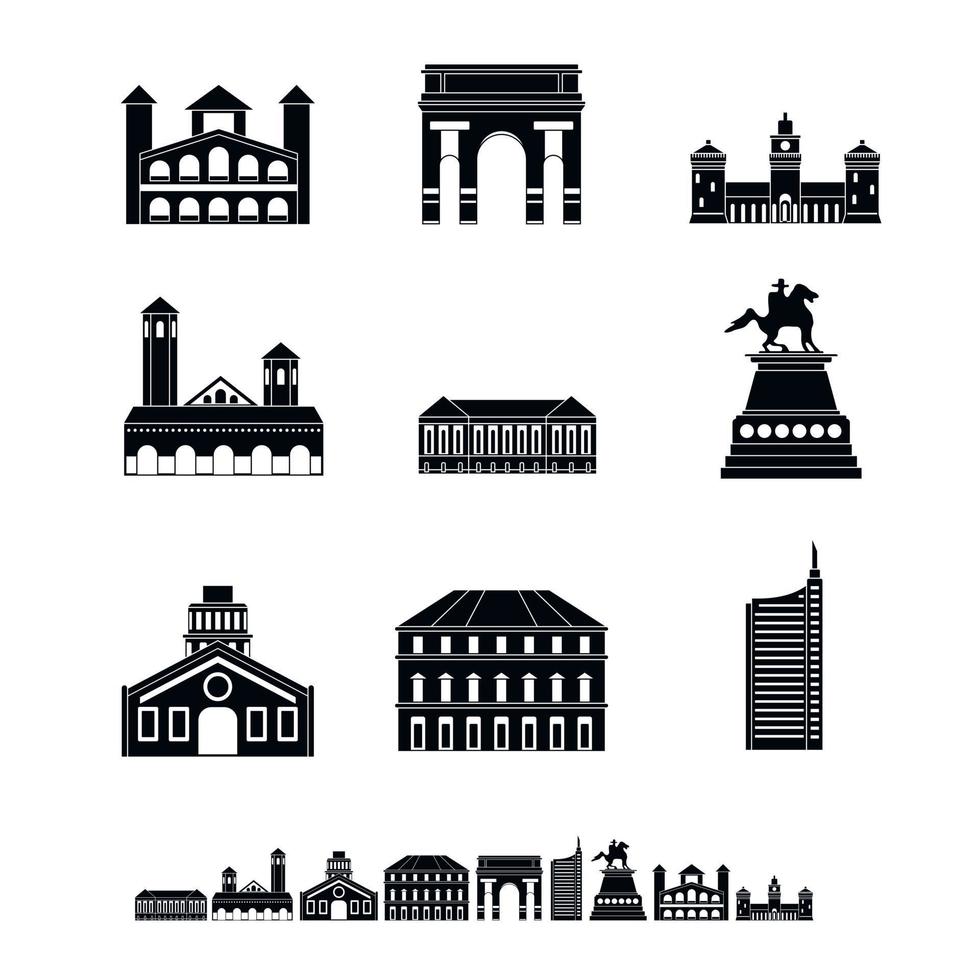 conjunto de iconos de horizonte de la ciudad de milán italia, estilo simple vector