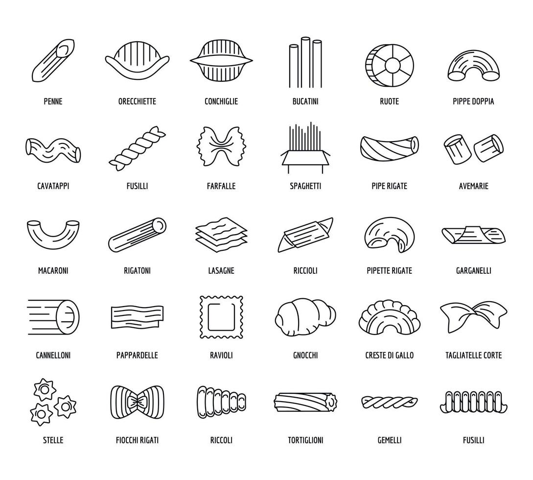 Macaroni pasta spaghetti icons set, outline style vector