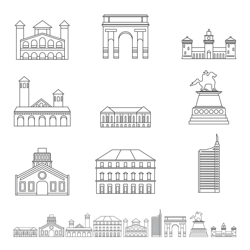 conjunto de iconos de horizonte de la ciudad de milán italia, estilo de contorno vector