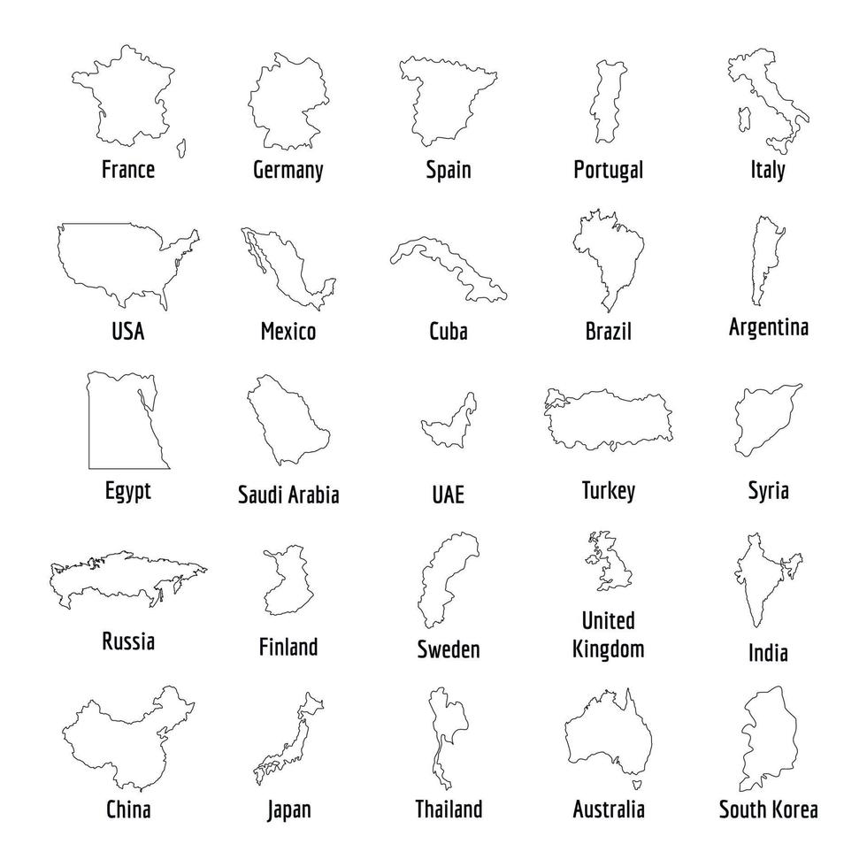 conjunto de iconos de país de mapa, estilo de esquema vector