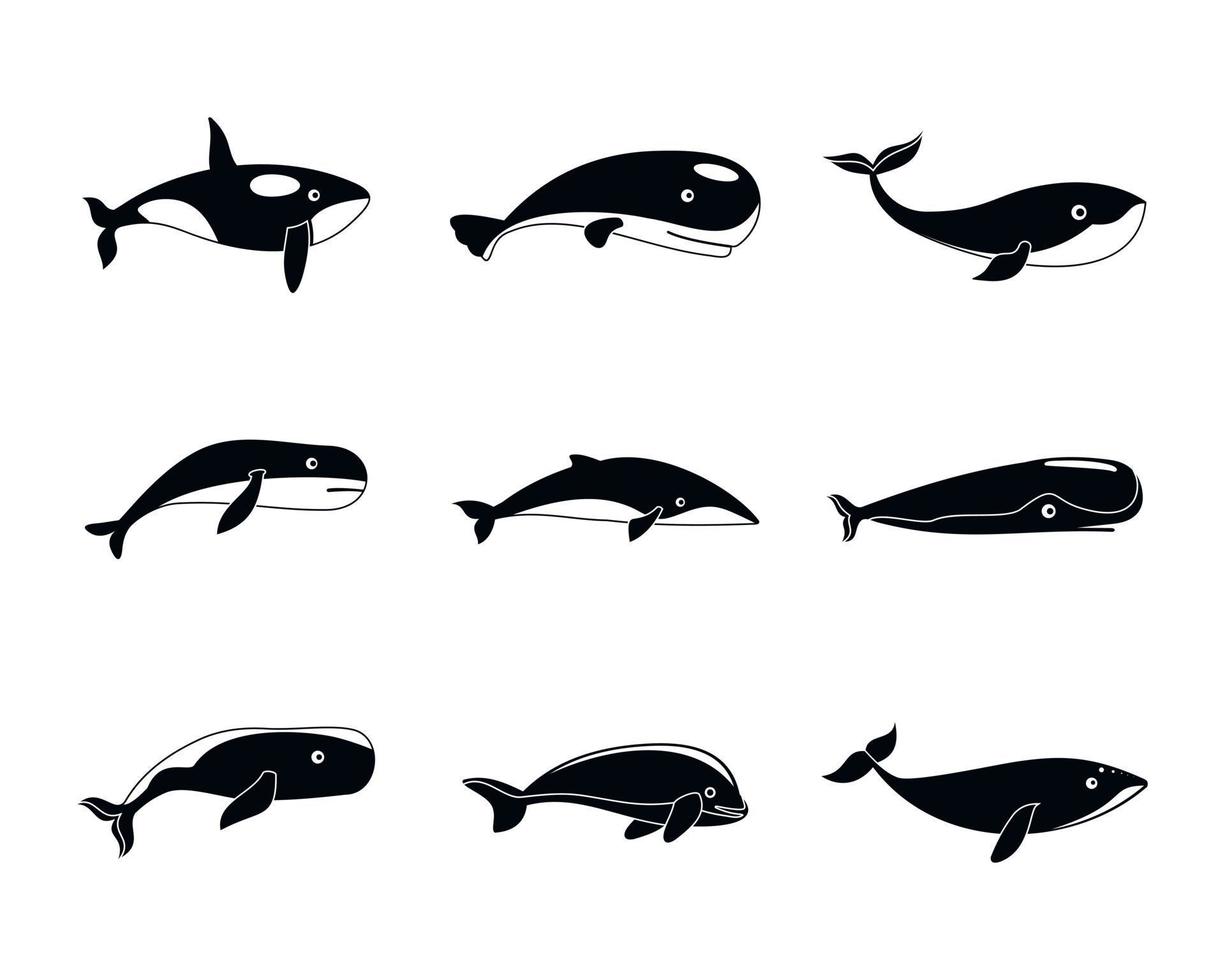 Whale blue tale fish icons set, simple style vector