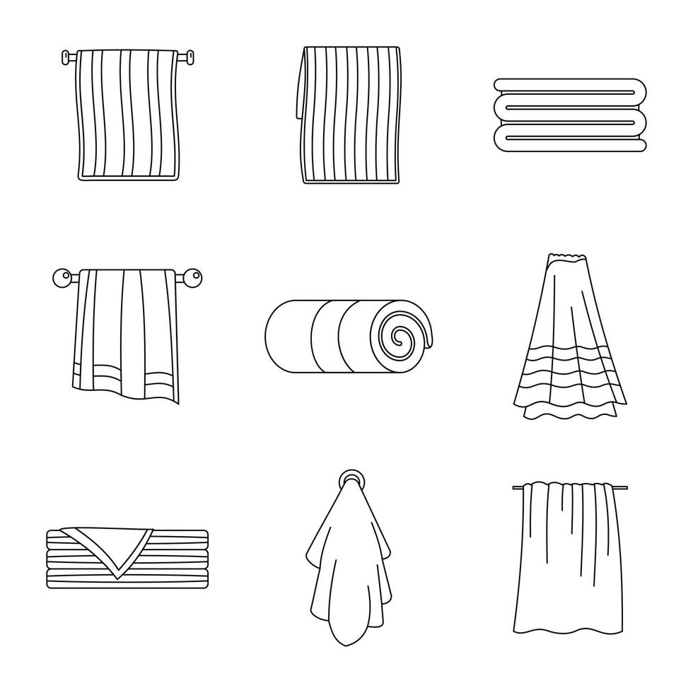 Juego de iconos de baño de spa para colgar toallas, estilo de esquema vector
