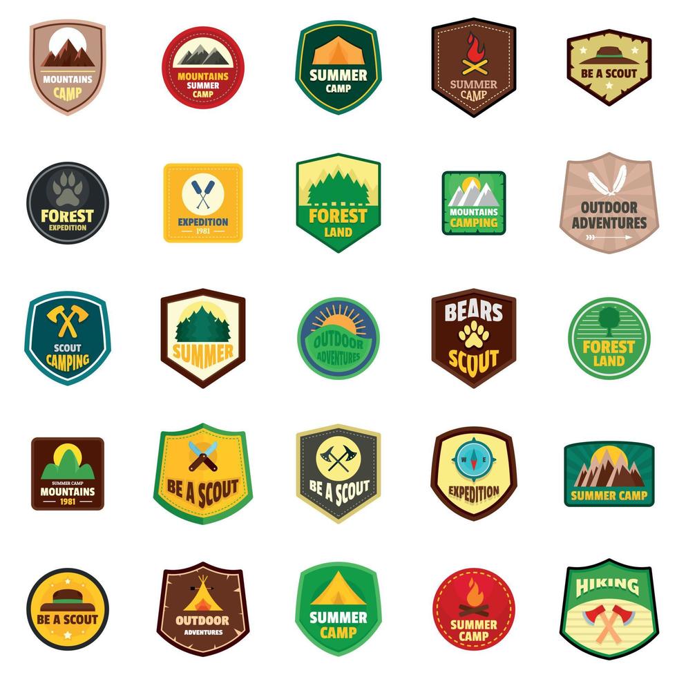 Scout badge emblem stamp icons set, flat style vector