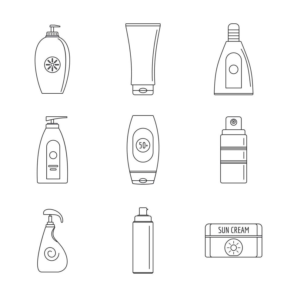 Sunscreen sun protect icons set, outline style vector