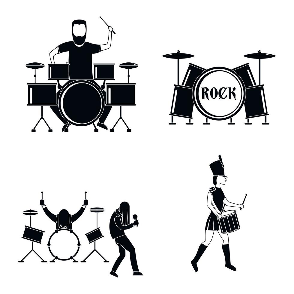 conjunto de iconos de músico de rock de tambor de batería, estilo simple vector