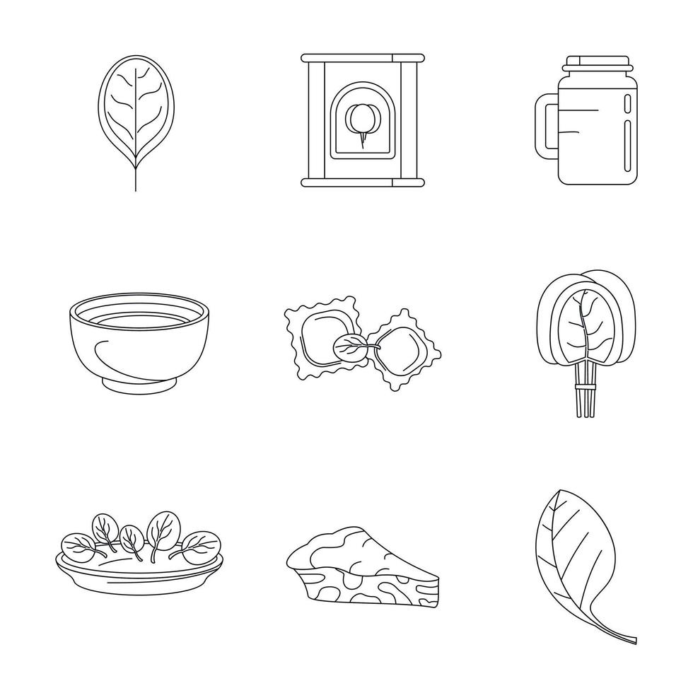 Spinach leaves vegetables icons set, outline style vector