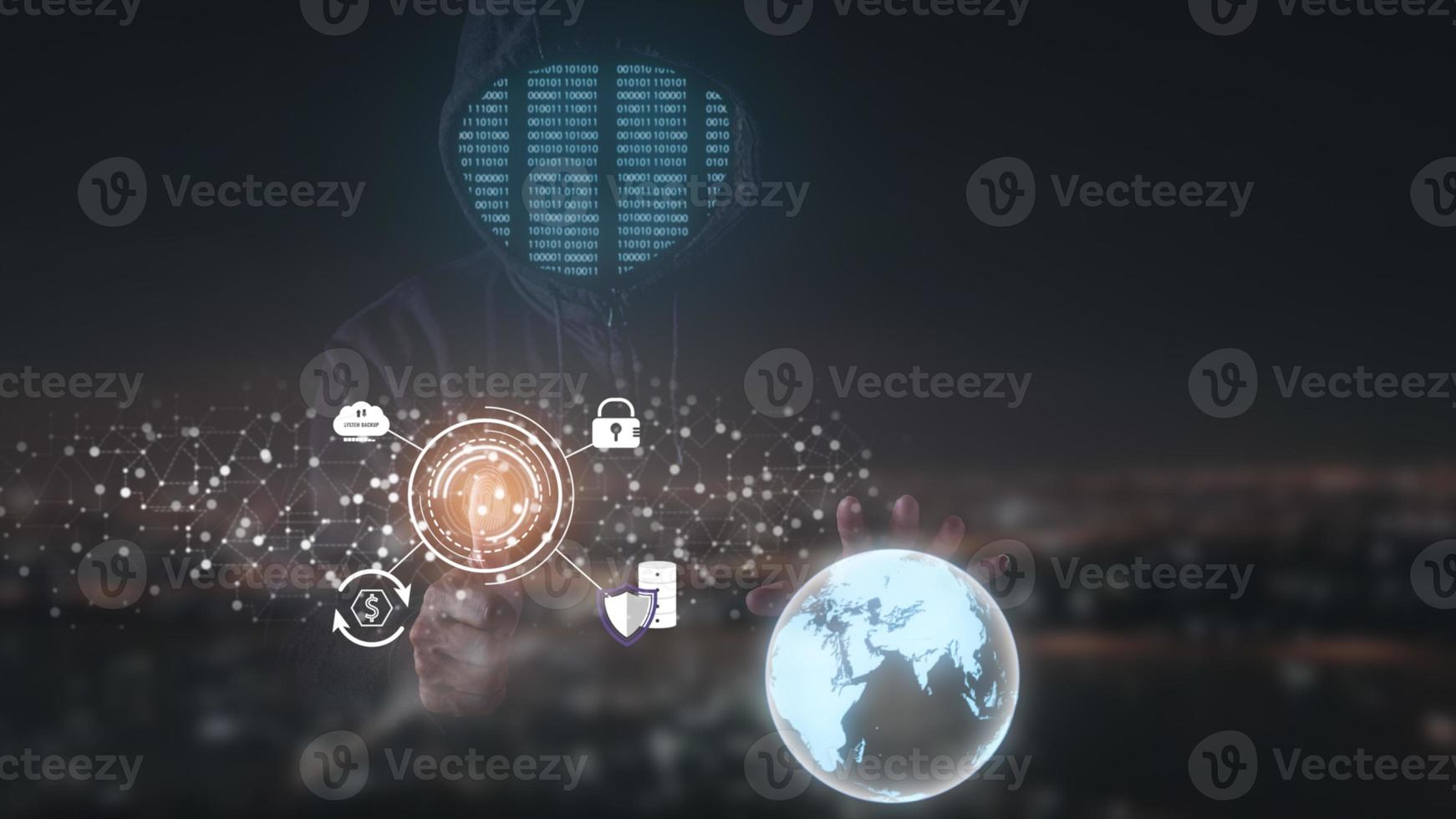 hacker in information security concept , Hackers are scanning fingerprints to destroy the system photo