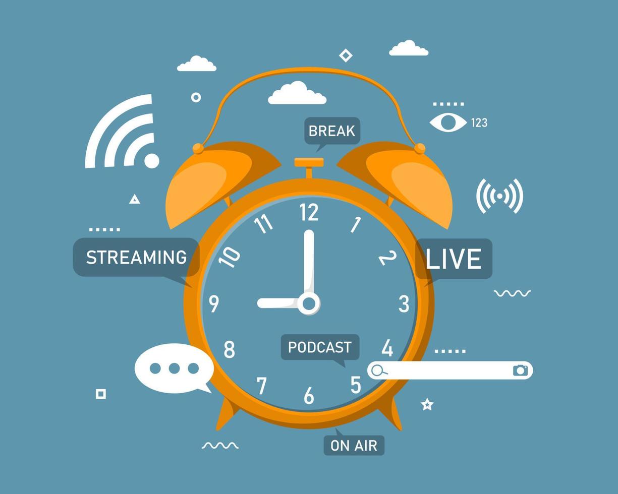 Communication activity online concept, Online activity reminder alarm clock, Digital marketing illustration. vector