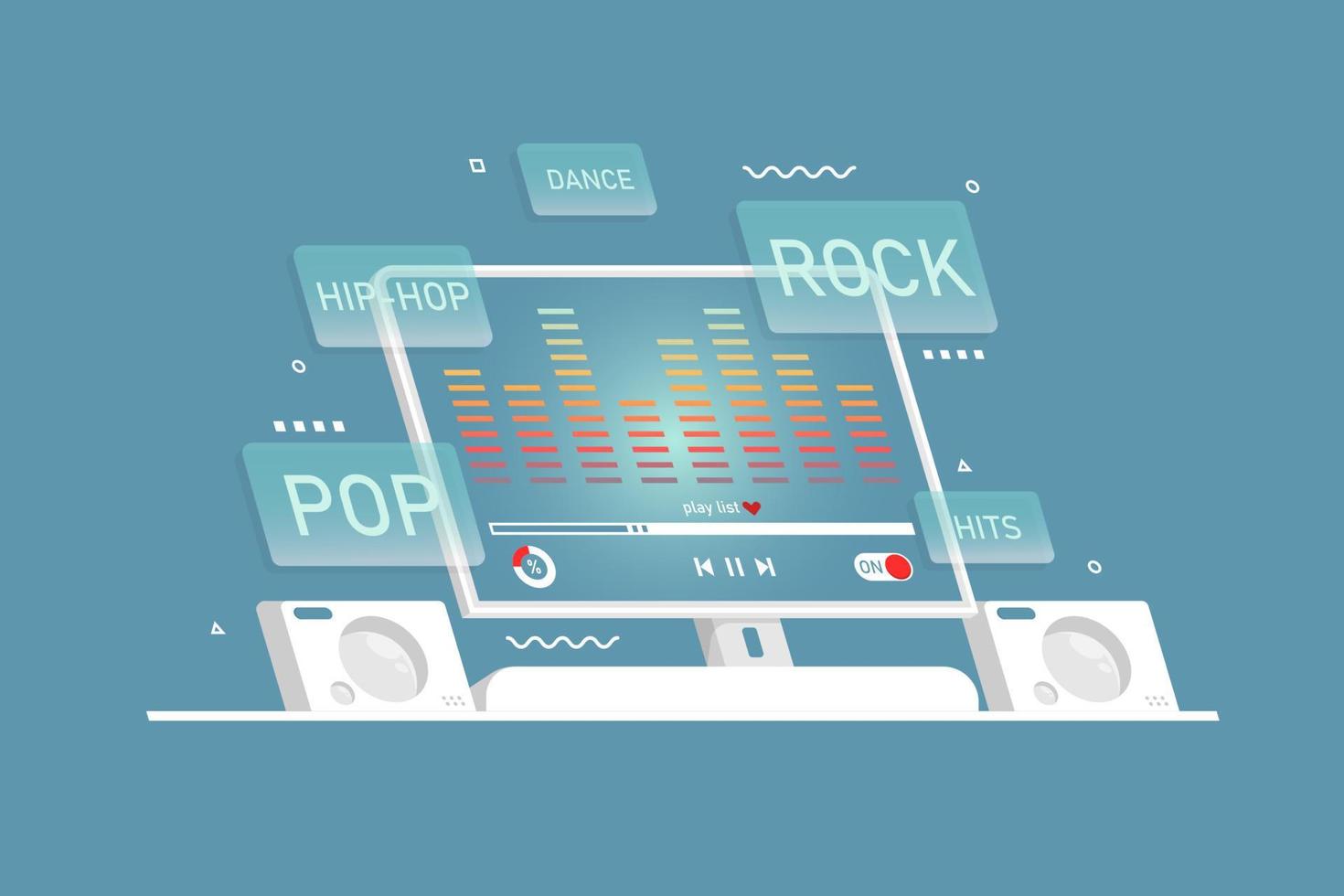 diseño de ventana de categoría de canción musical, reproducción de lista de reproducción de canciones en computadora con altavoz, ilustración de marketing digital. vector