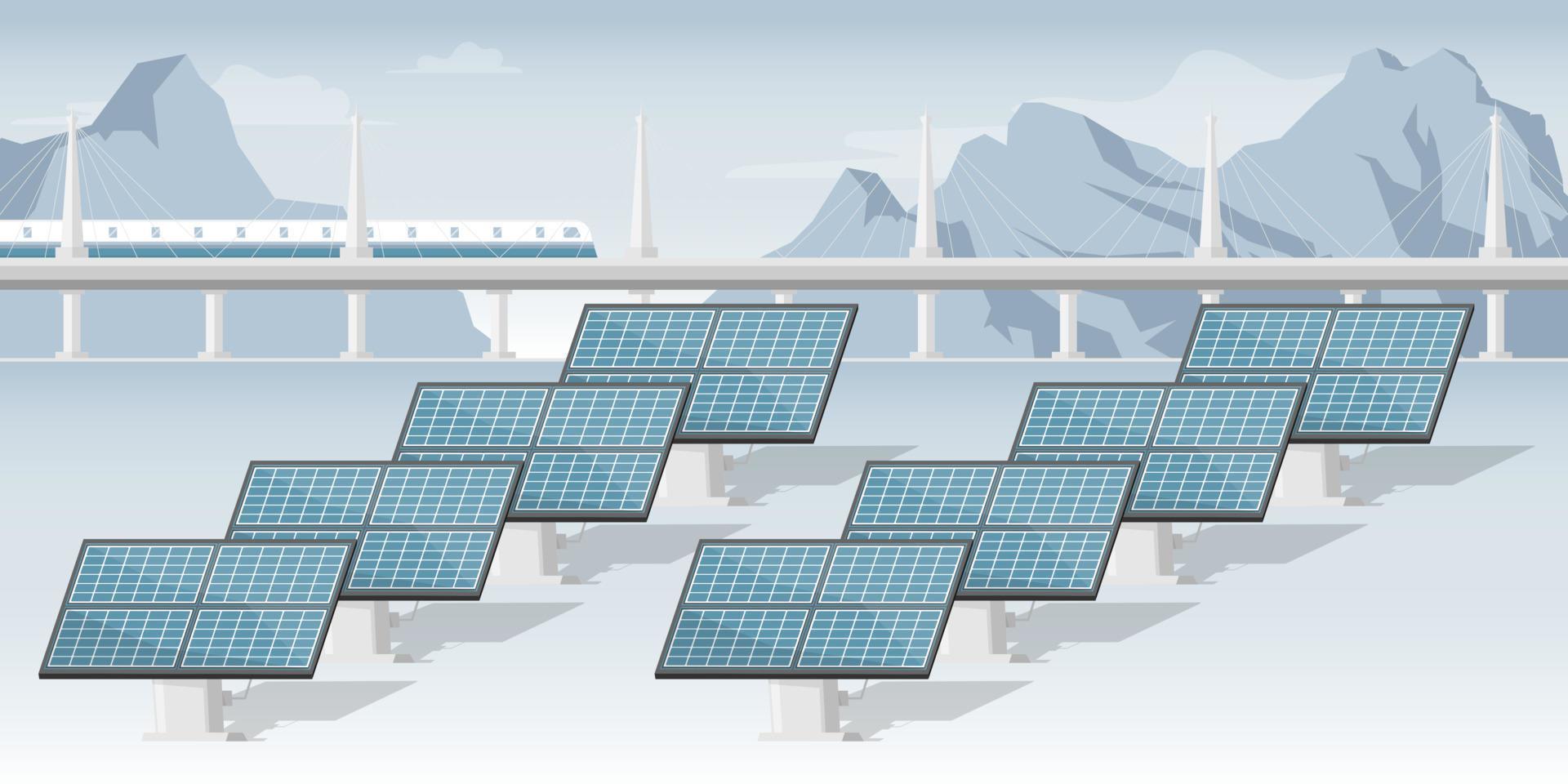 granja de paneles solares en regiones frías con montaña, tren y puente, ilustración de marketing digital. vector