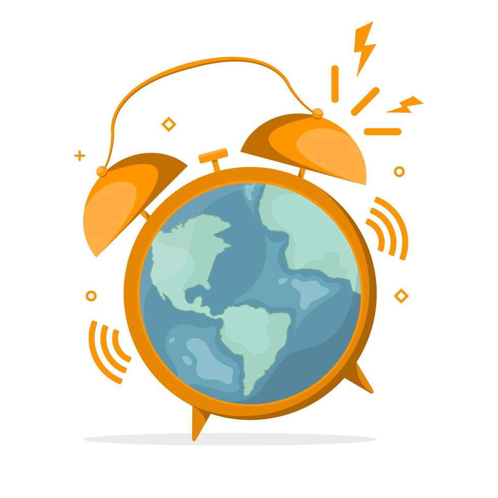 Wake up to start up concept, Alarm clock with earth globe, Digital marketing illustration. vector