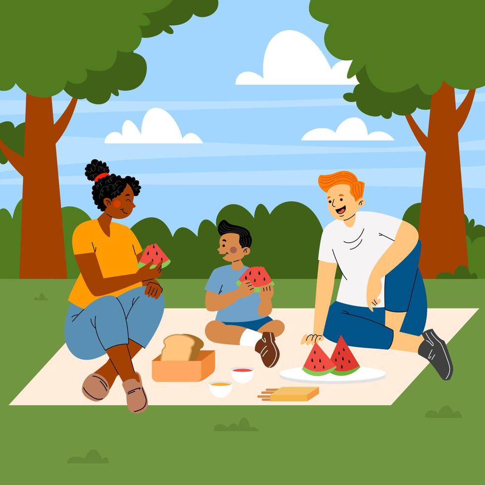 familia interracial haciendo un picnic en el parque vector