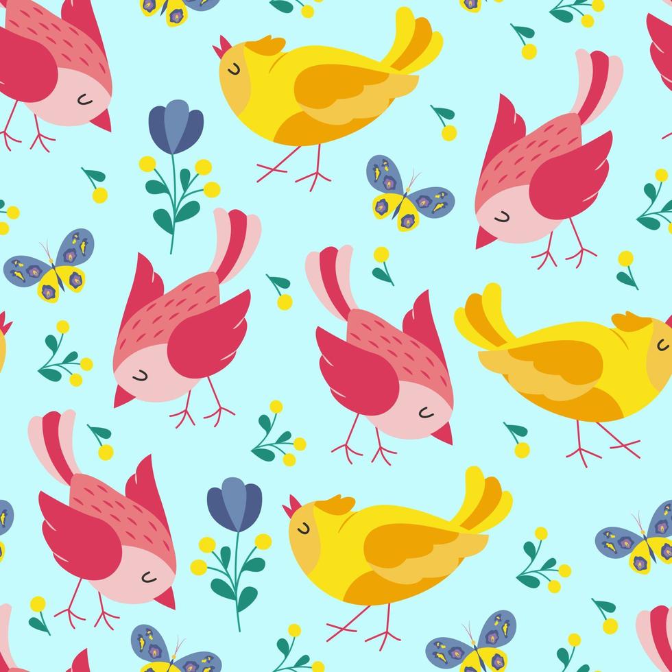 Colorful birds seamless pattern. Exotic birds in different print poses. Vector illustration