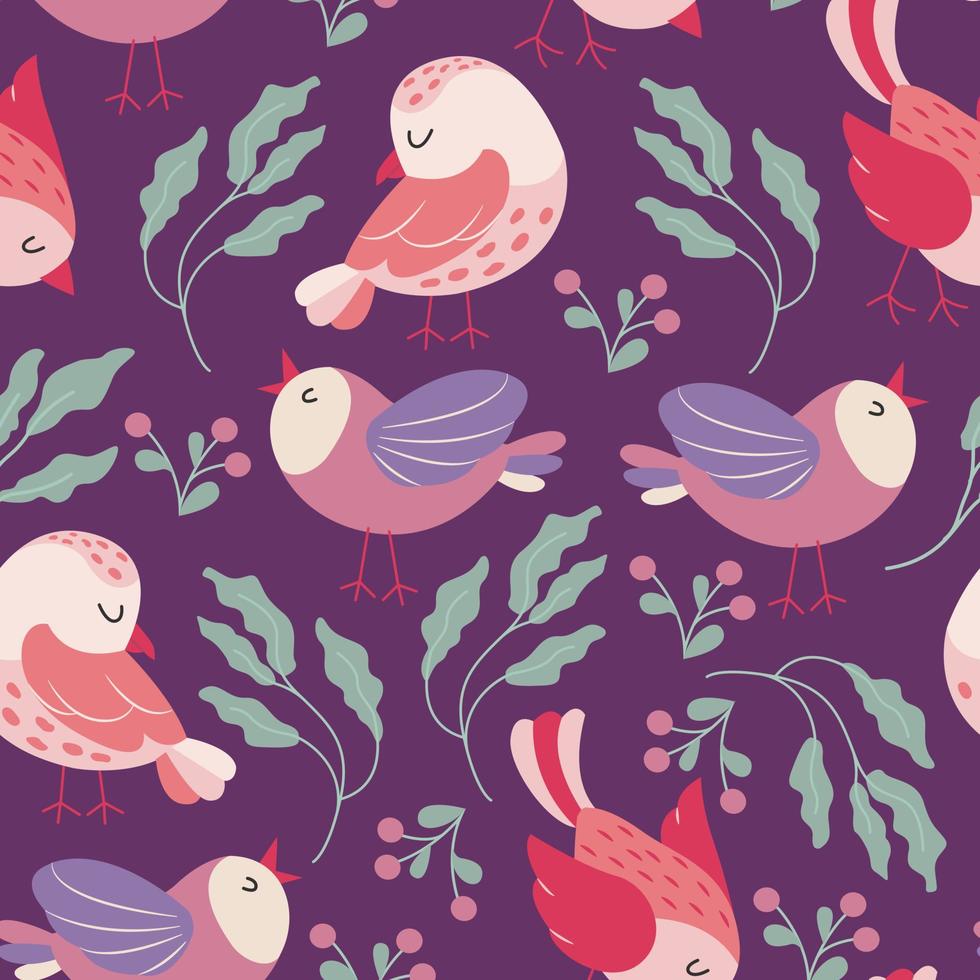 Colorful birds seamless pattern. Exotic birds in different print poses. Vector illustration