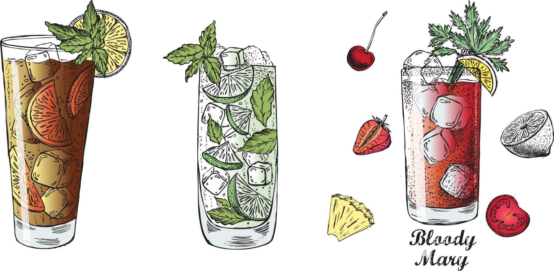 Cocktail menu design template. Alcoholic cocktails hand drawn. vector