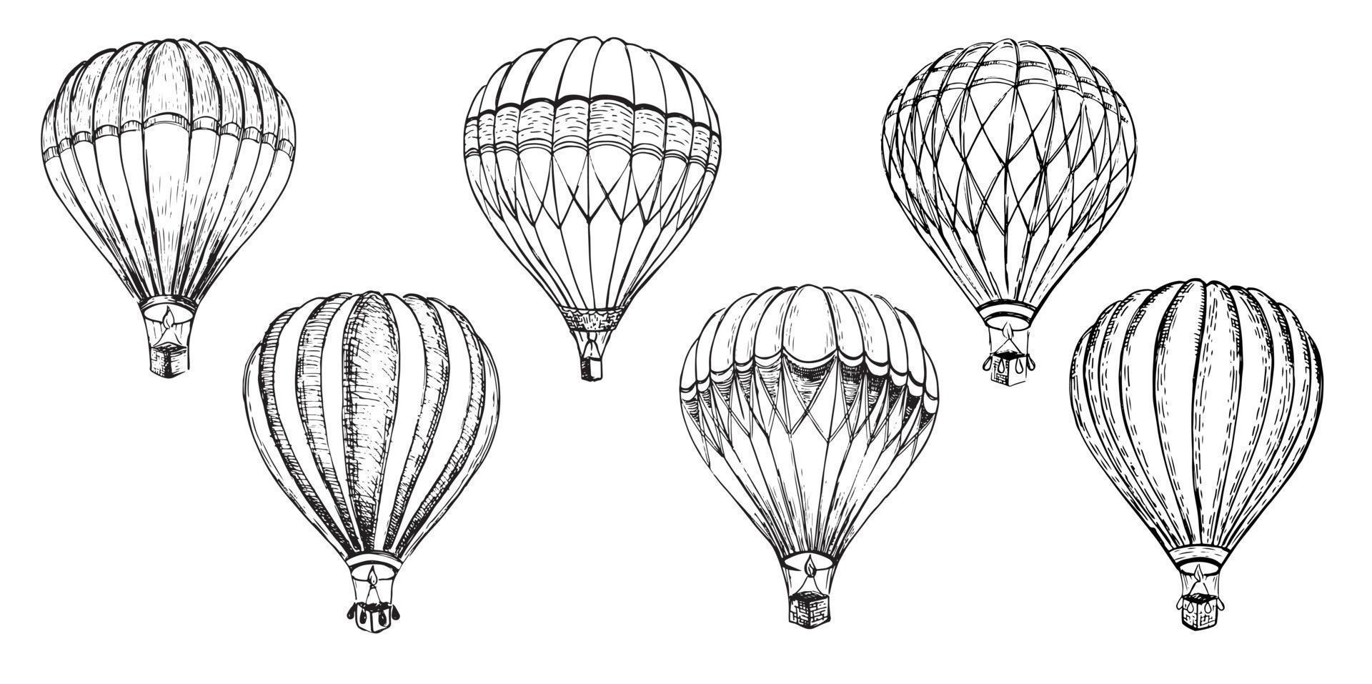 Hot air balloons flying. Hand drawn illustration. Vector. vector