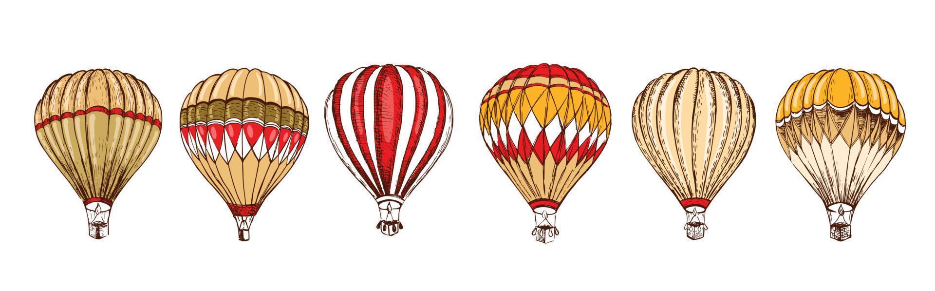 Hot air balloons flying. Hand drawn illustration vector