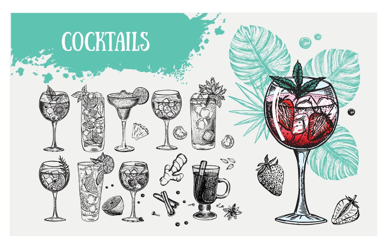 Cocktail menu design template. Alcoholic cocktails hand drawn. vector