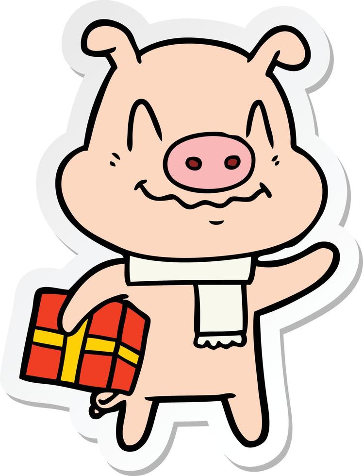 sticker of a nervous cartoon pig with present vector