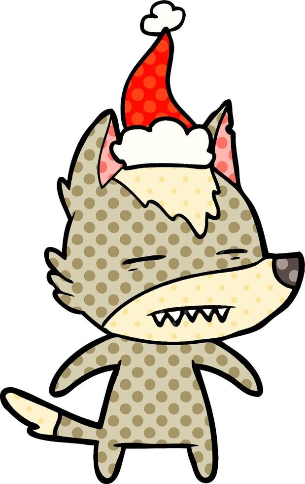 comic book style illustration of a wolf showing teeth wearing santa hat vector