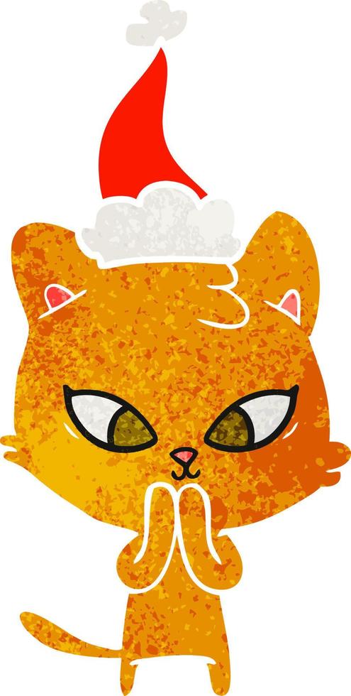 cute retro cartoon of a cat wearing santa hat vector