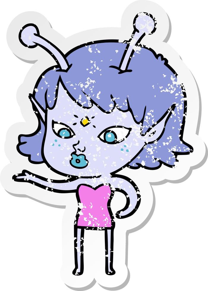 distressed sticker of a pretty cartoon alien girl vector