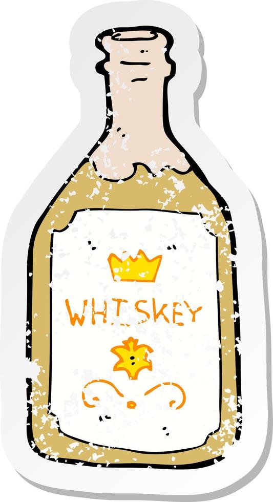 pegatina retro angustiada de una botella de whisky de dibujos animados vector