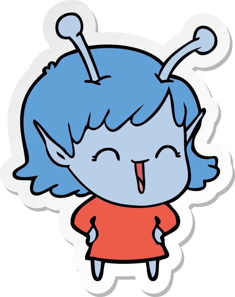 sticker of a cartoon happy alien girl vector