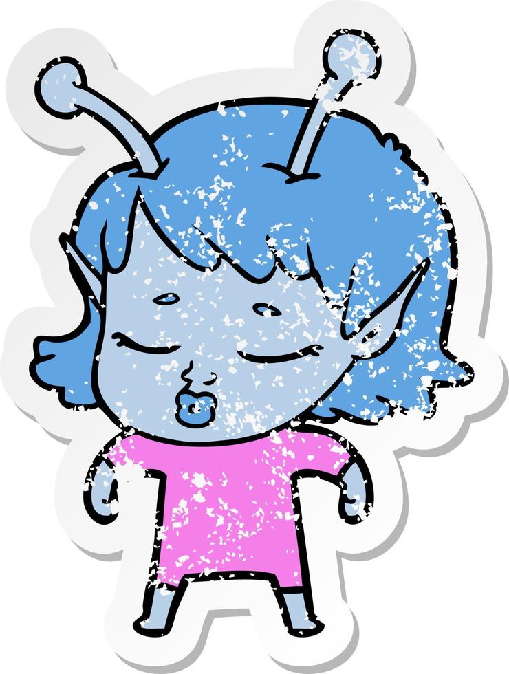 distressed sticker of a cute alien girl cartoon vector