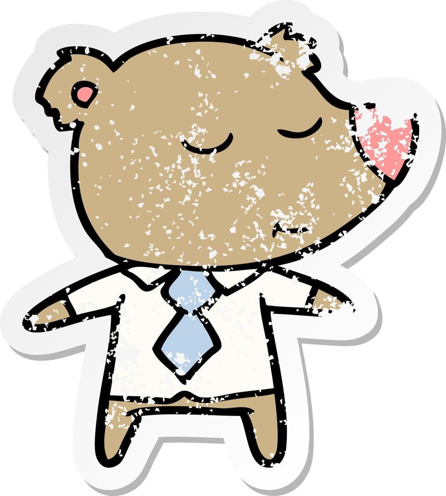 distressed sticker of a happy cartoon bear wearing shirt vector