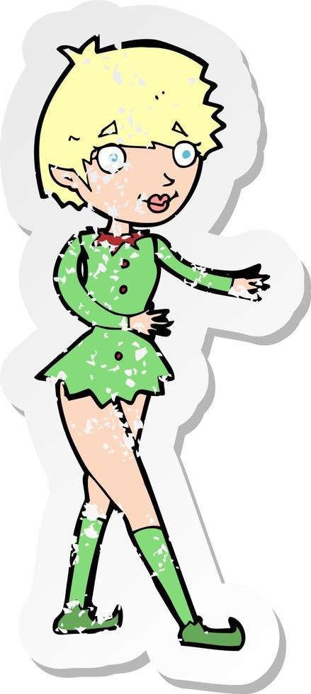 retro distressed sticker of a cartoon christmas elf woman vector