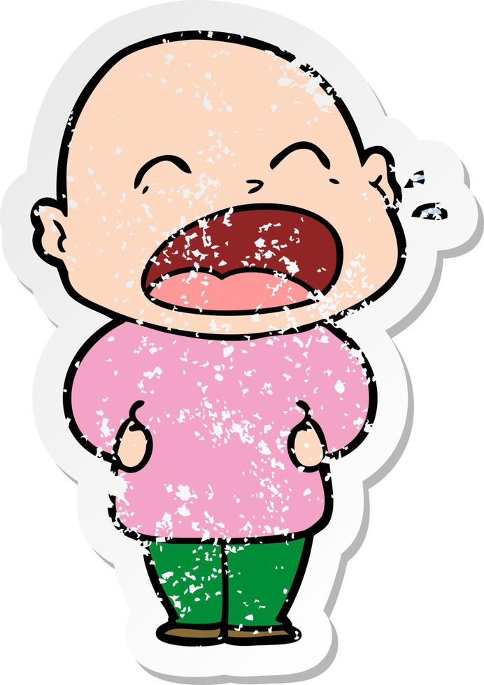 distressed sticker of a cartoon shouting bald man vector