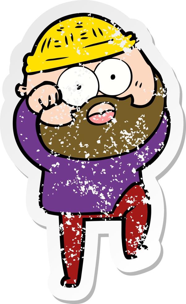 distressed sticker of a cartoon surprised bearded man vector