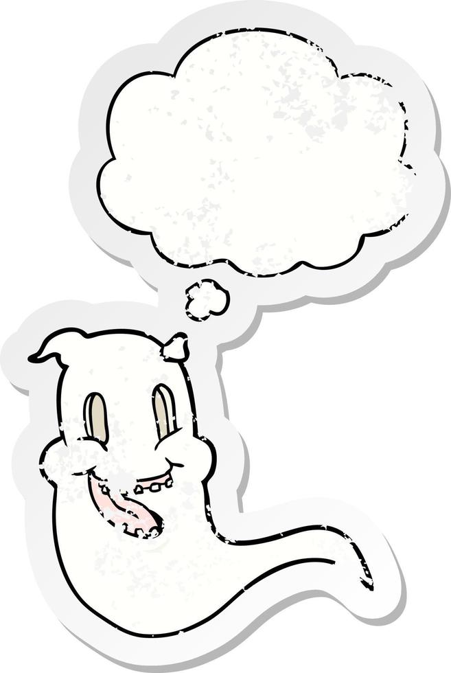 cartoon spooky ghost and thought bubble as a distressed worn sticker vector