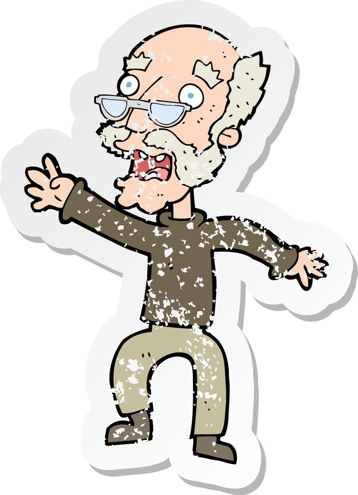 retro distressed sticker of a cartoon frightened old man vector