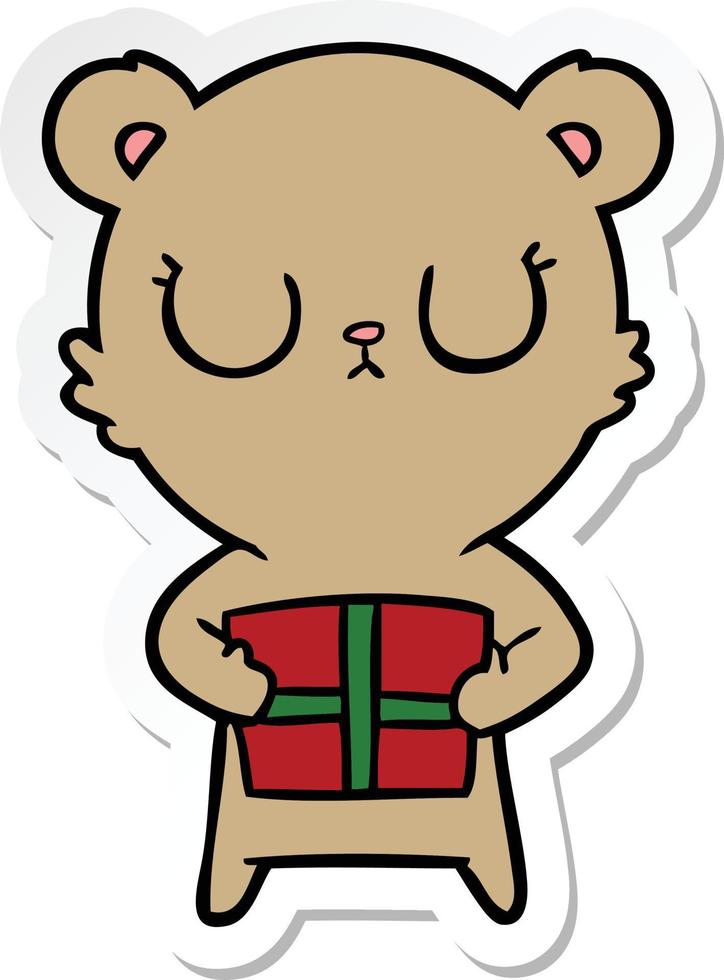 sticker of a peaceful cartoon bear with present vector