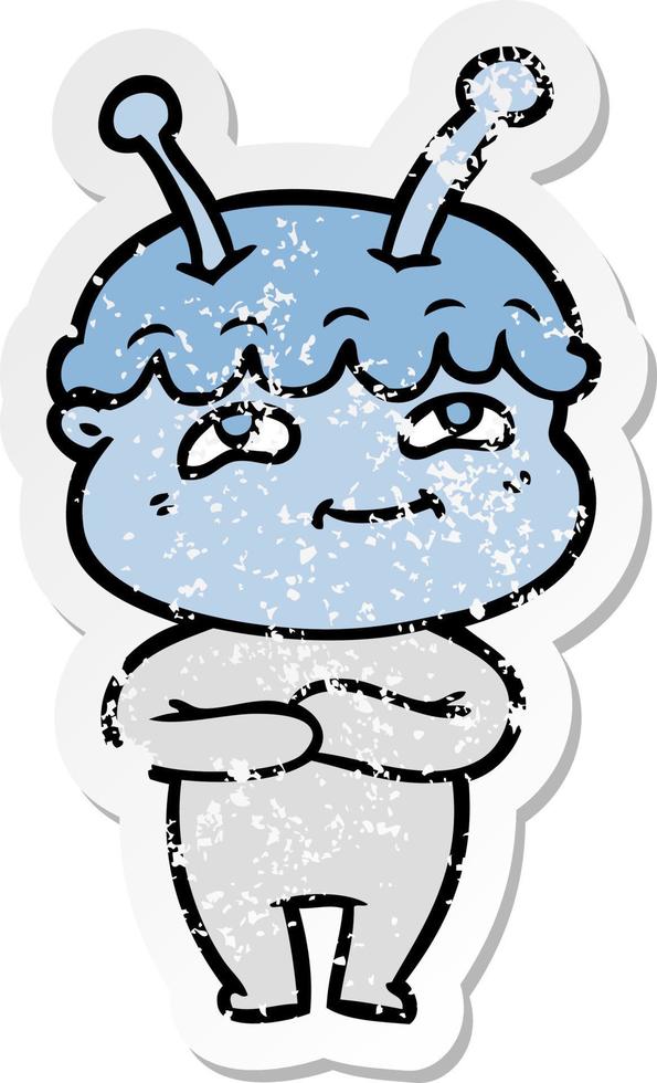 distressed sticker of a friendly cartoon spaceman vector