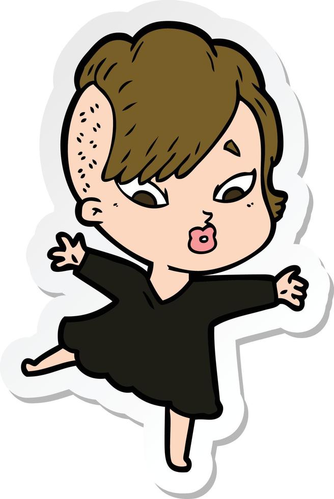 sticker of a cartoon surprised girl in black dress vector