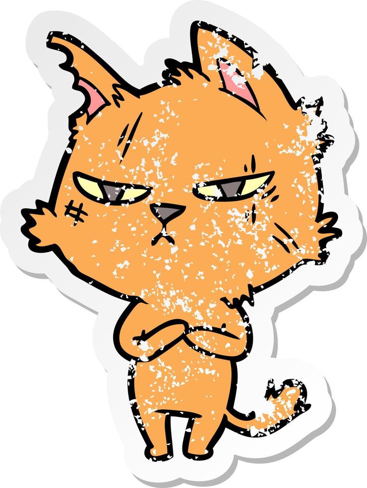 distressed sticker of a tough cartoon cat vector