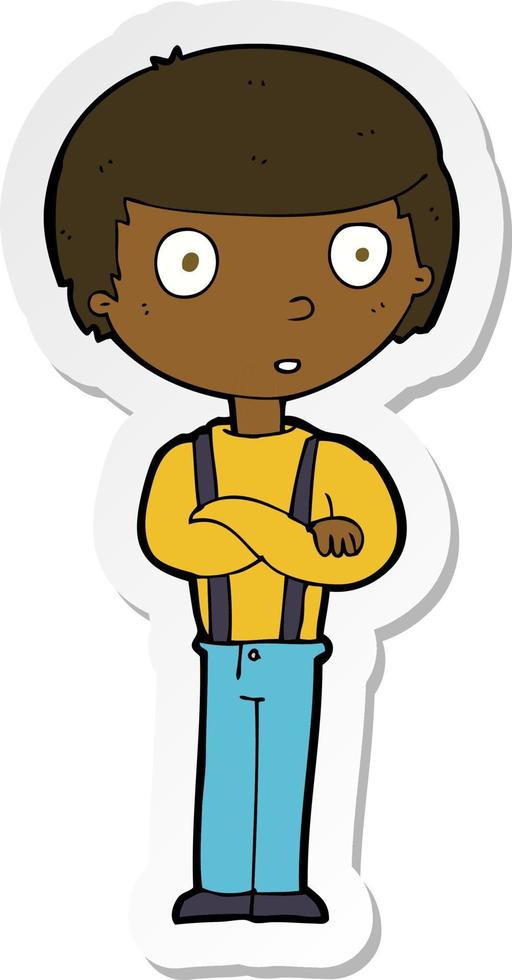 sticker of a cartoon staring boy with folded arms vector