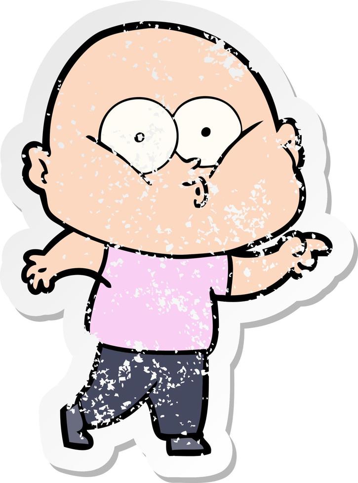 distressed sticker of a cartoon bald man staring vector