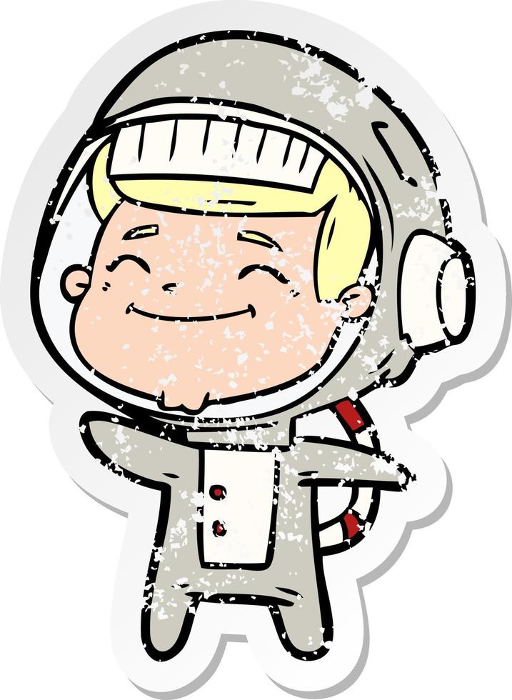 distressed sticker of a happy cartoon astronaut vector