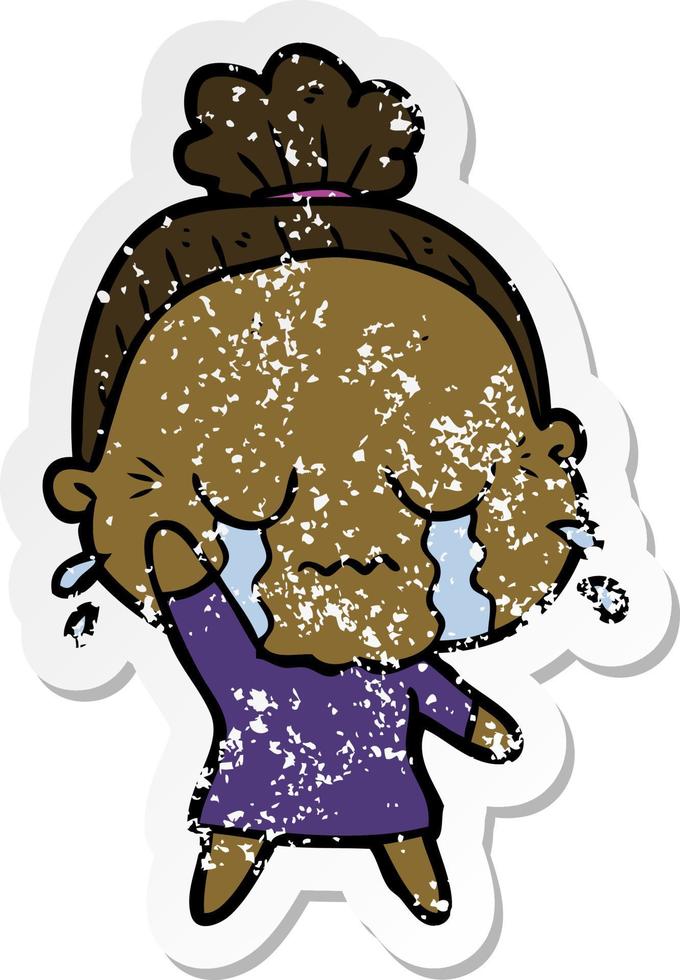 distressed sticker of a cartoon crying old lady vector