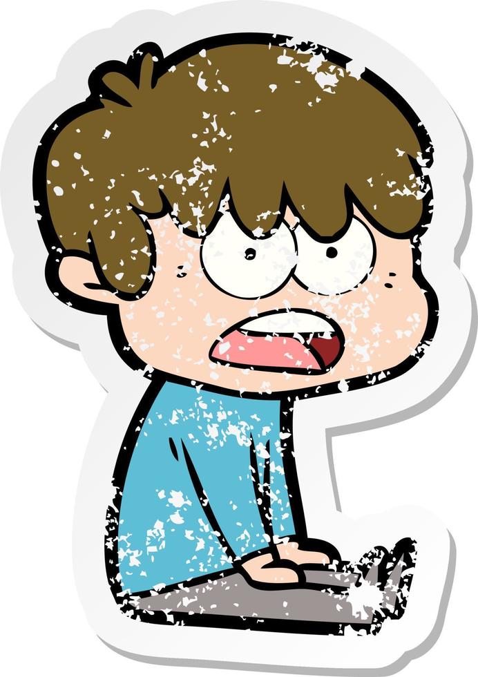 distressed sticker of a worried cartoon boy vector