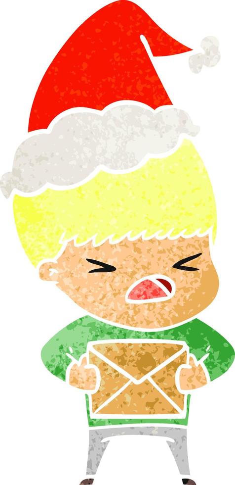 retro cartoon of a stressed man wearing santa hat vector