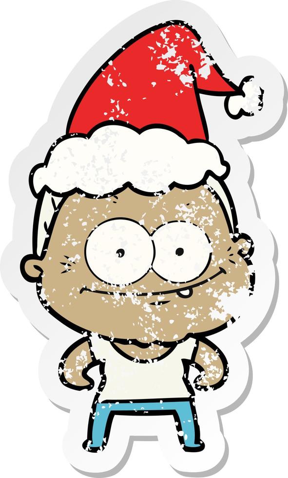 distressed sticker cartoon of a happy old woman wearing santa hat vector