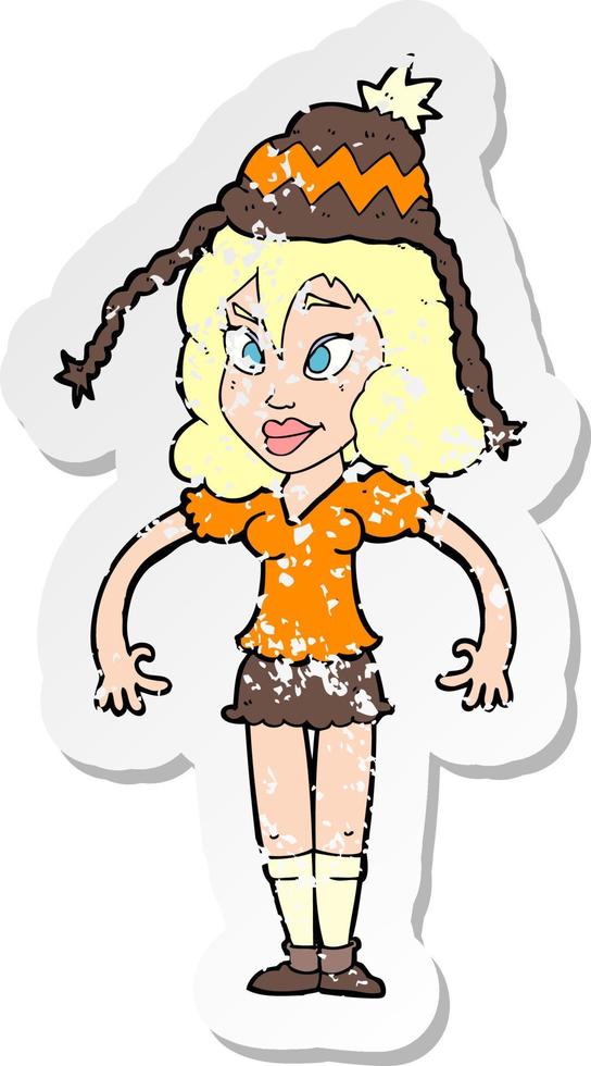 retro distressed sticker of a cartoon woman wearing hat vector