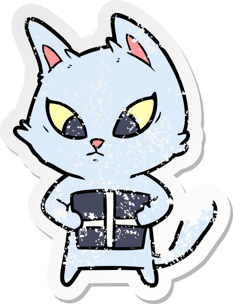 distressed sticker of a confused cartoon cat with gift vector